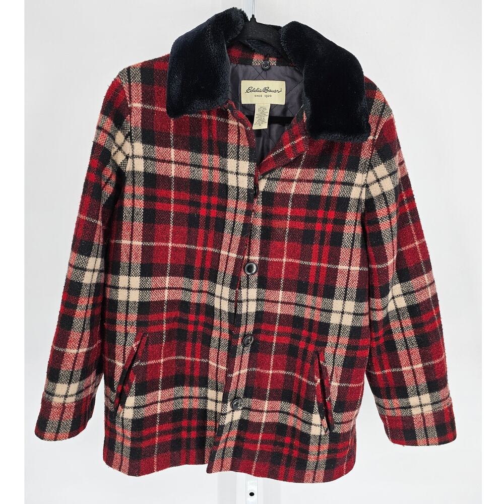 Eddie Bauer Wool Plaid Car Work Coat Sz M Removable Fur Ruff Red Winter Jacket